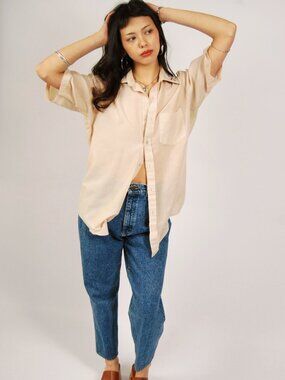 90s Button Down (M) medium vintage mens dress shirt collared preppy beige tan